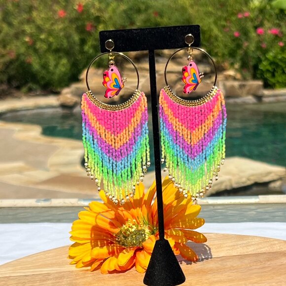 Handmade Beaded Long Tassel Fringe Dangle Drop Butterfly Post Hoop Earrings Wow! - Picture 6 of 8